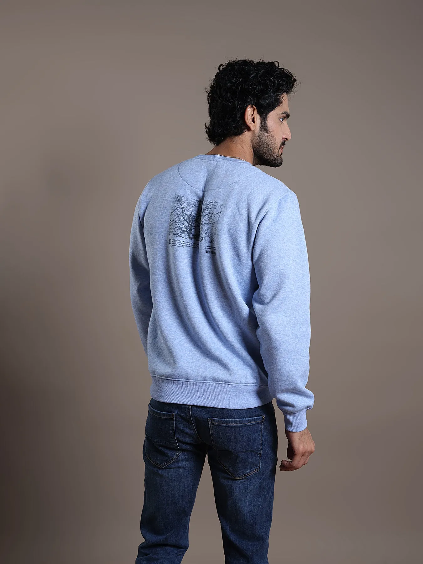 Knitted Sky Blue Printed Regular Fit Full Sleeve Casual Sweatshirt