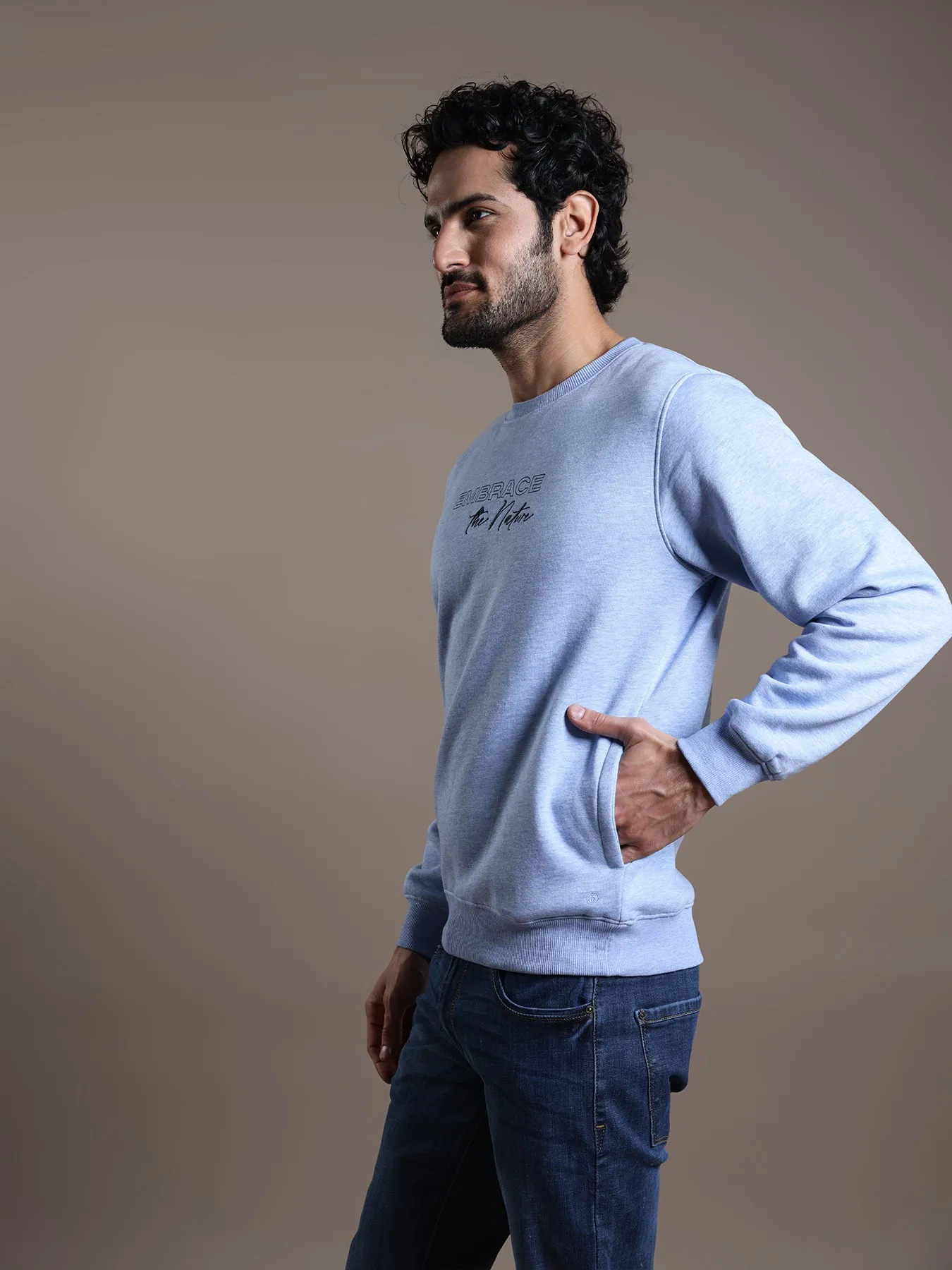 Knitted Sky Blue Printed Regular Fit Full Sleeve Casual Sweatshirt