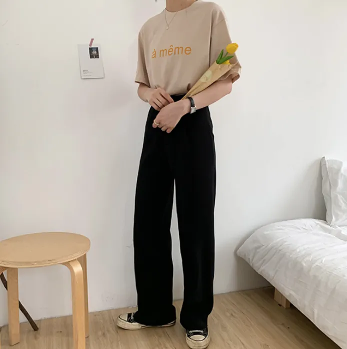 [Korean Style] Black Sesame Full Length Staight Wide Leg Pants