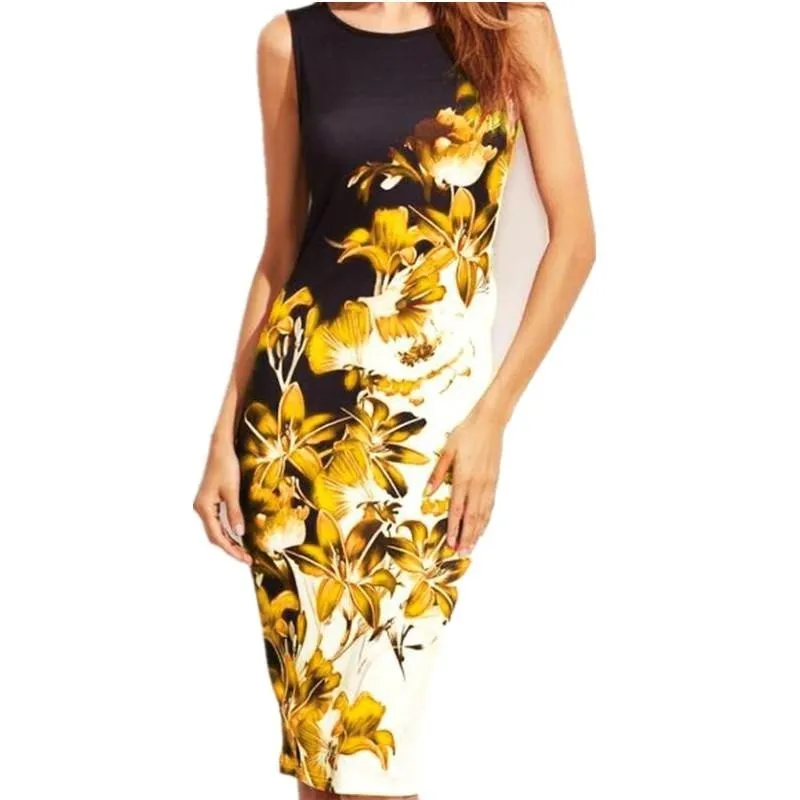 Leisure Sexy Female O-neck Sleeveless Slim Midi Dress With Floral Print S-5XL