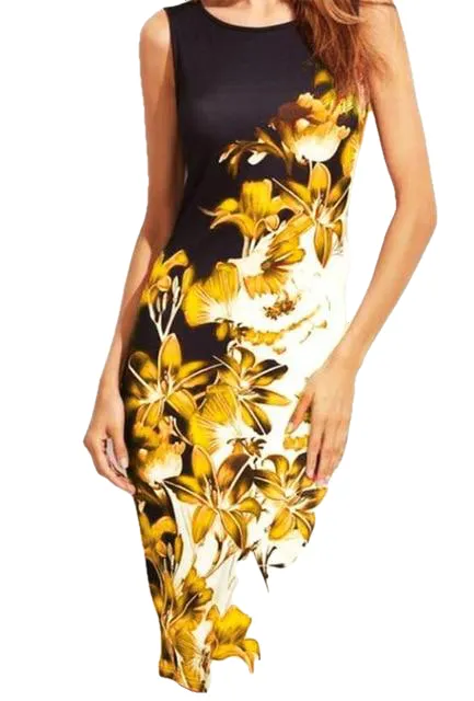 Leisure Sexy Female O-neck Sleeveless Slim Midi Dress With Floral Print S-5XL