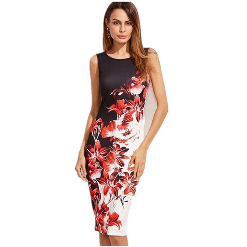 Leisure Sexy Female O-neck Sleeveless Slim Midi Dress With Floral Print S-5XL