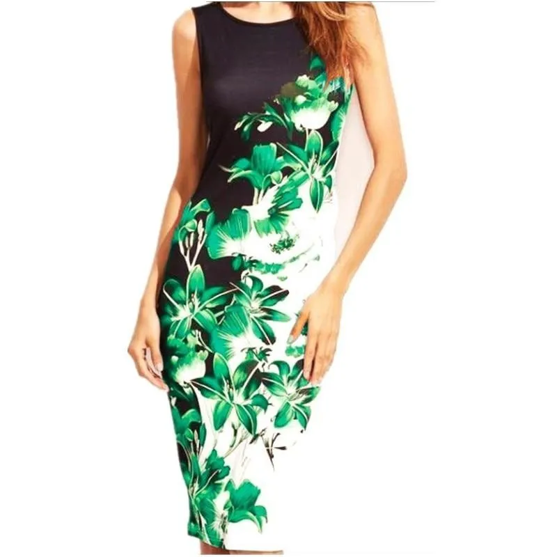 Leisure Sexy Female O-neck Sleeveless Slim Midi Dress With Floral Print S-5XL