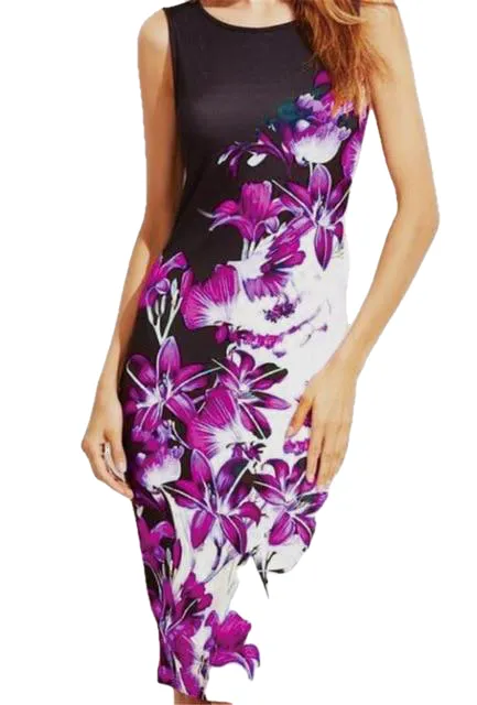 Leisure Sexy Female O-neck Sleeveless Slim Midi Dress With Floral Print S-5XL