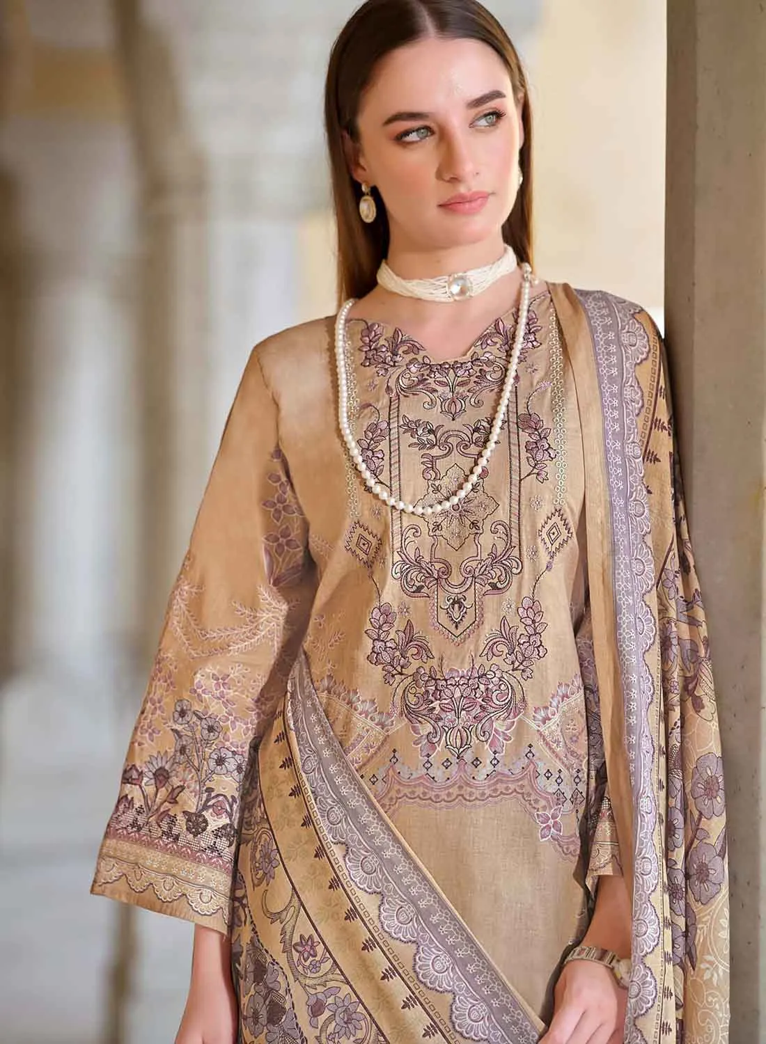 Light Brown Pakistani Print Unstitched Cotton Suit Dress Material