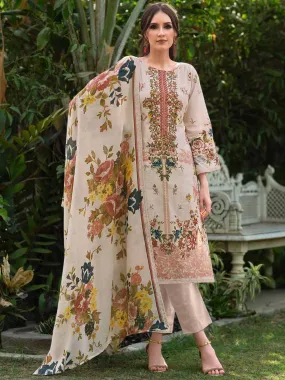 Light Peach Pakistani Print Unstitched Cotton Suit with Embroidery