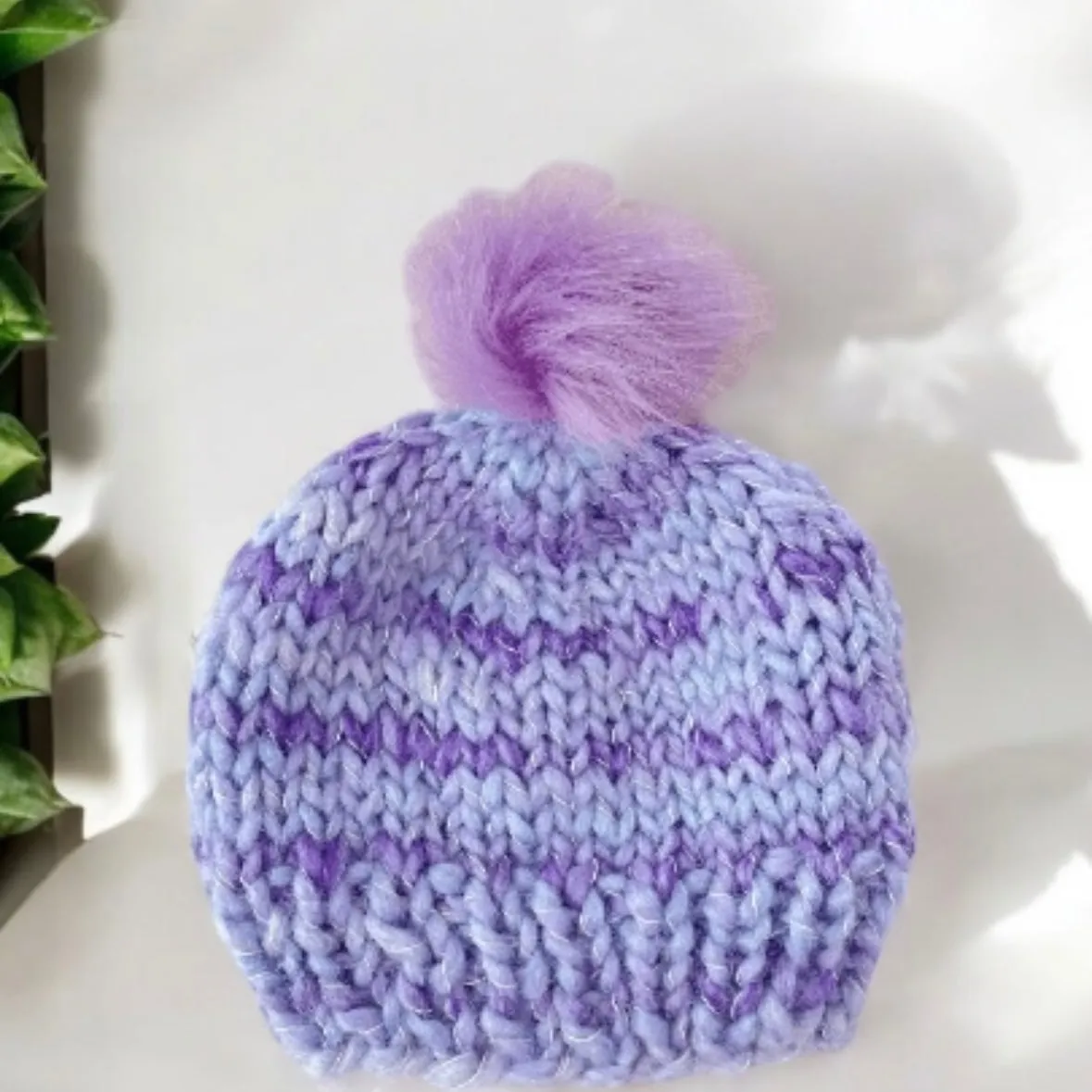 Limited Hand knit baby beanie | Baby Chunky Double Pom Pom Beanie in Purple Mix | Newborn Baby Toddler hat | Fur Pom Pom Hat | Knit beanie