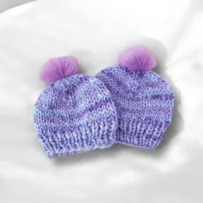 Limited Hand knit baby beanie | Baby Chunky Double Pom Pom Beanie in Purple Mix | Newborn Baby Toddler hat | Fur Pom Pom Hat | Knit beanie