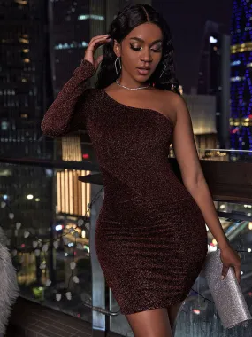 Long Sleeve One Shoulder Sequin Mini Dresses