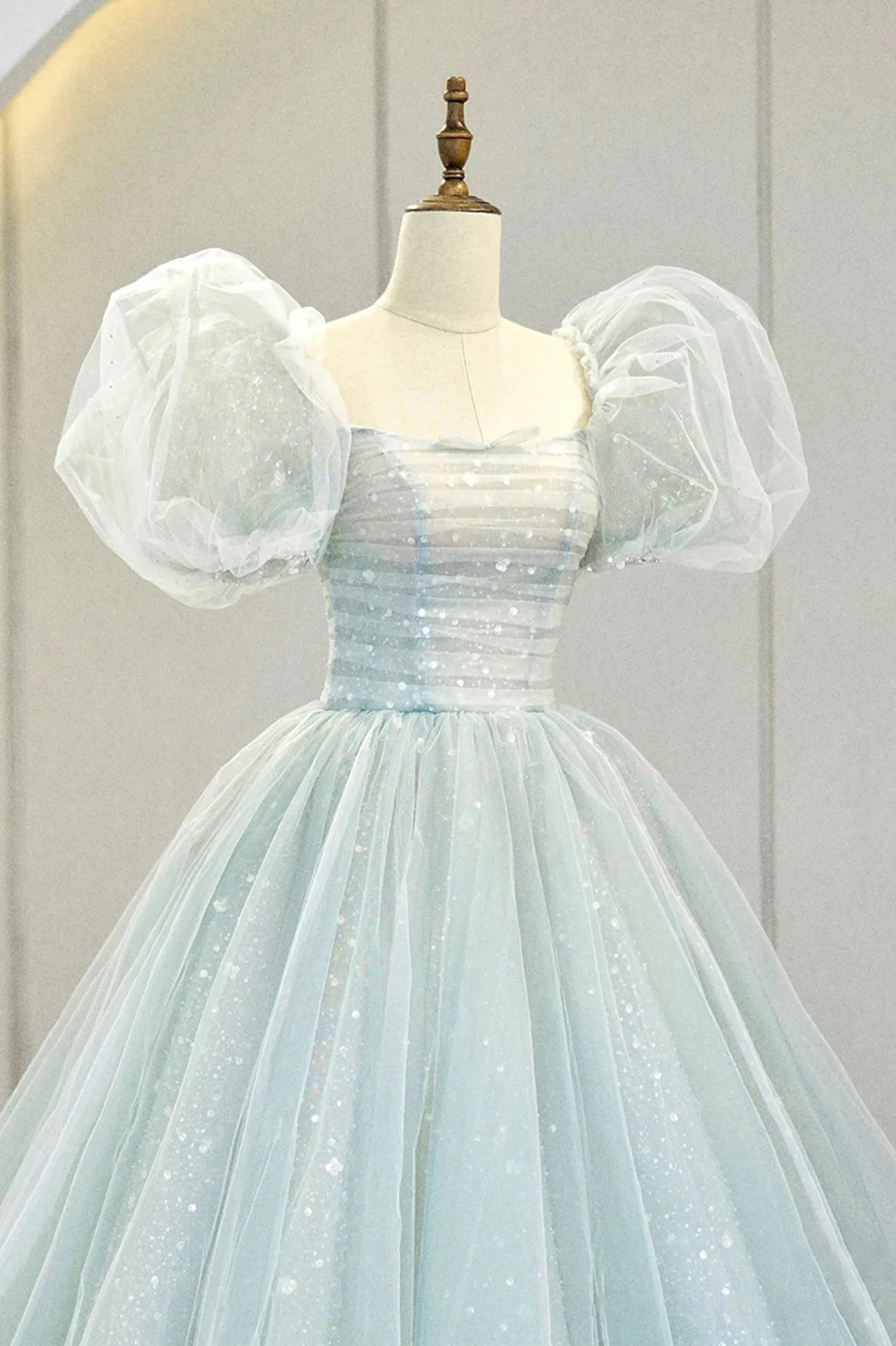 Lovely Puff Sleeve Tulle Formal Evening Gown, A-Line Long Prom Dress