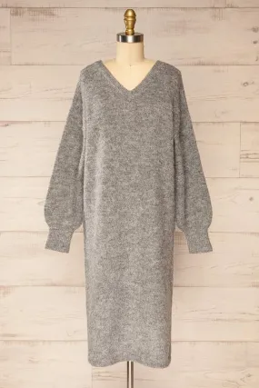 Lucienne | Grey Midi Fuzzy Knit Dress