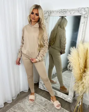 Martina Ruched Sleeve Hoodie & Pants Set - Beige