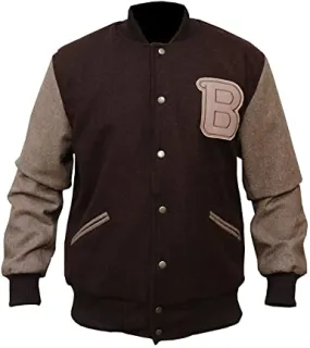 Mens B Logo Varsity Flight Bomber Brown Wool Jacket Trevor