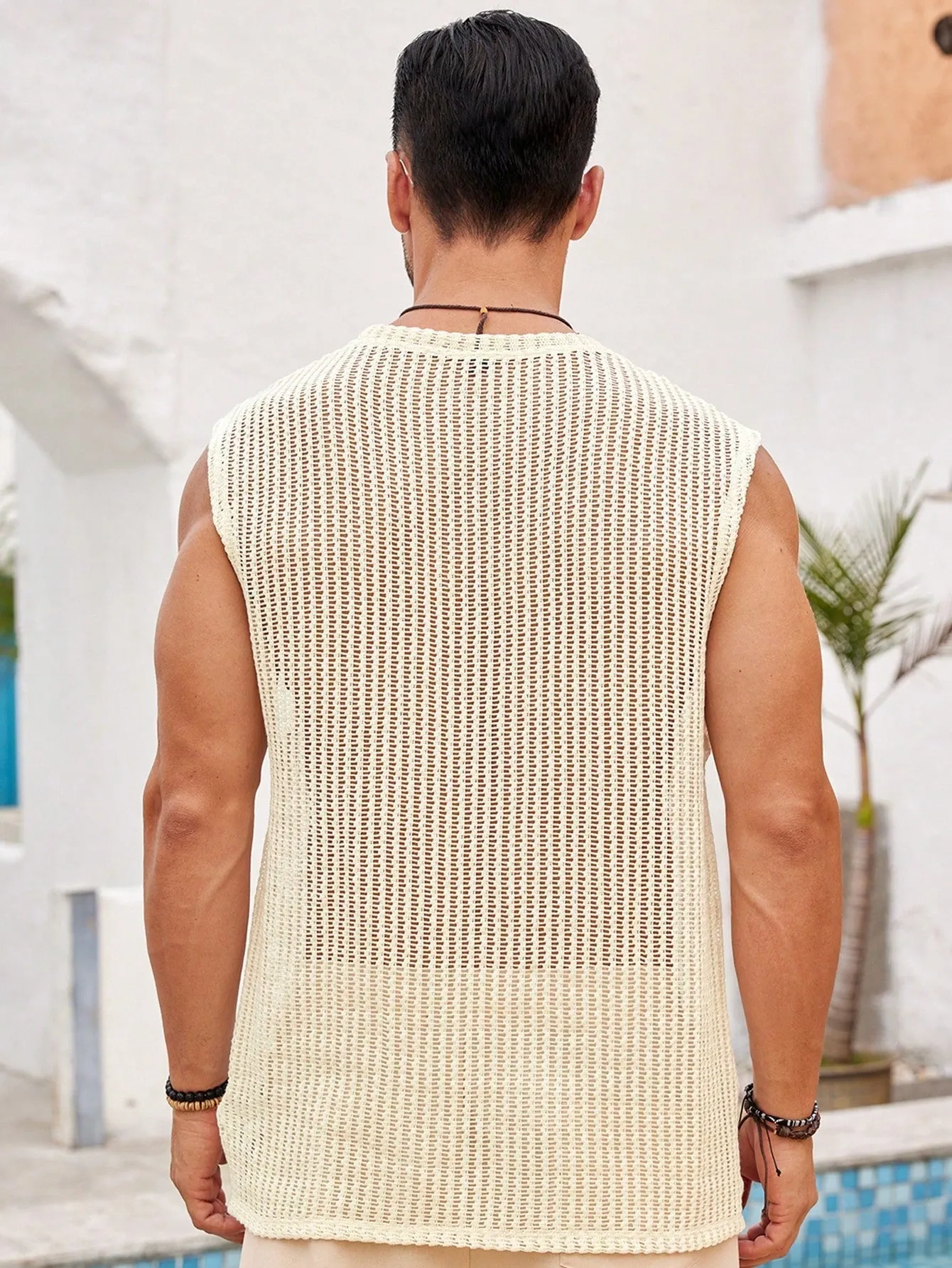 Men's Casual Sleeveless Round Neck Hollow Out Tank Top for Vacation