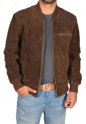 Men’s Chocolate Brown Suede Leather Bomber Jacket