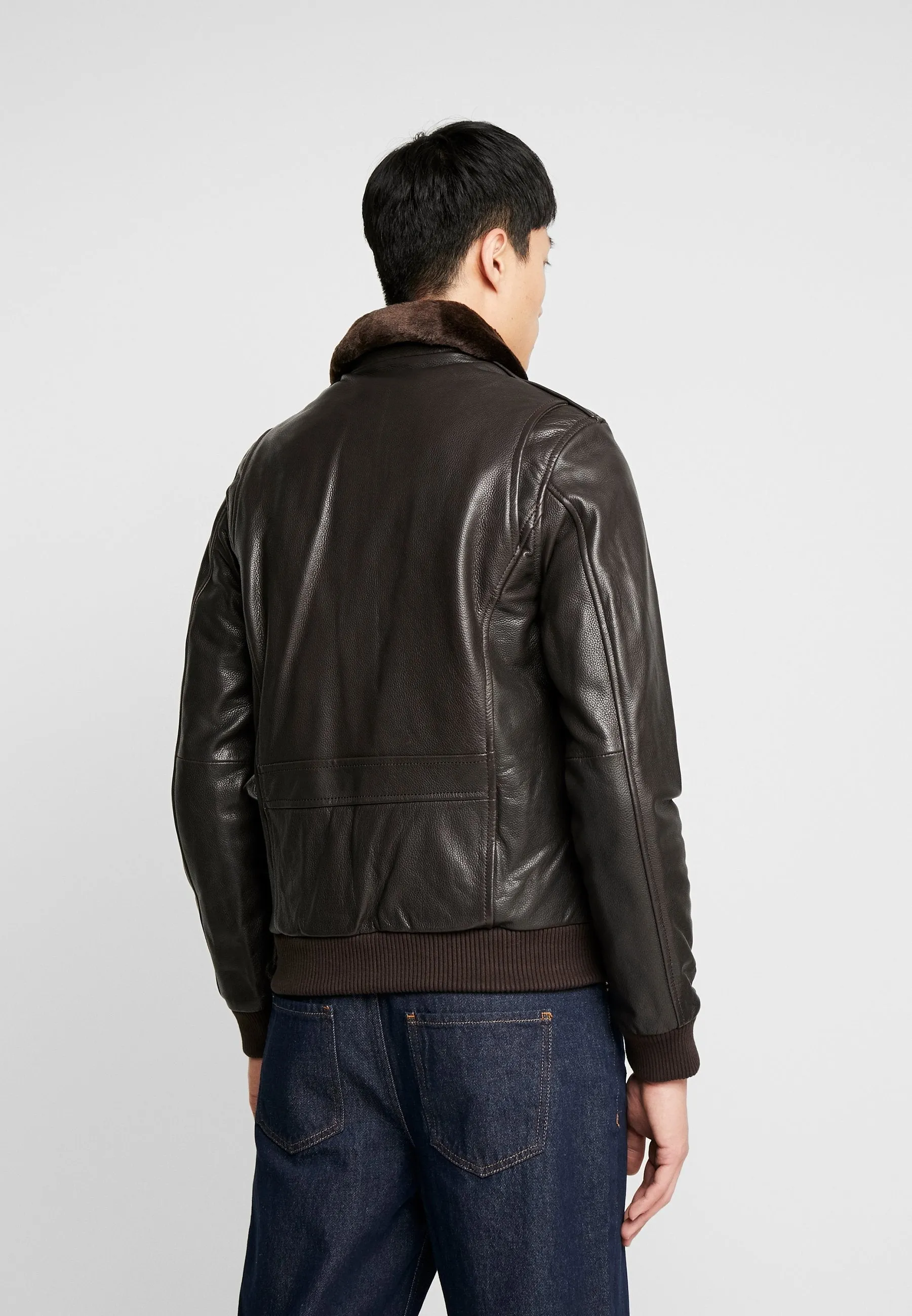 Men's Dark Brown Leather Fur Collar Bomber Jacket