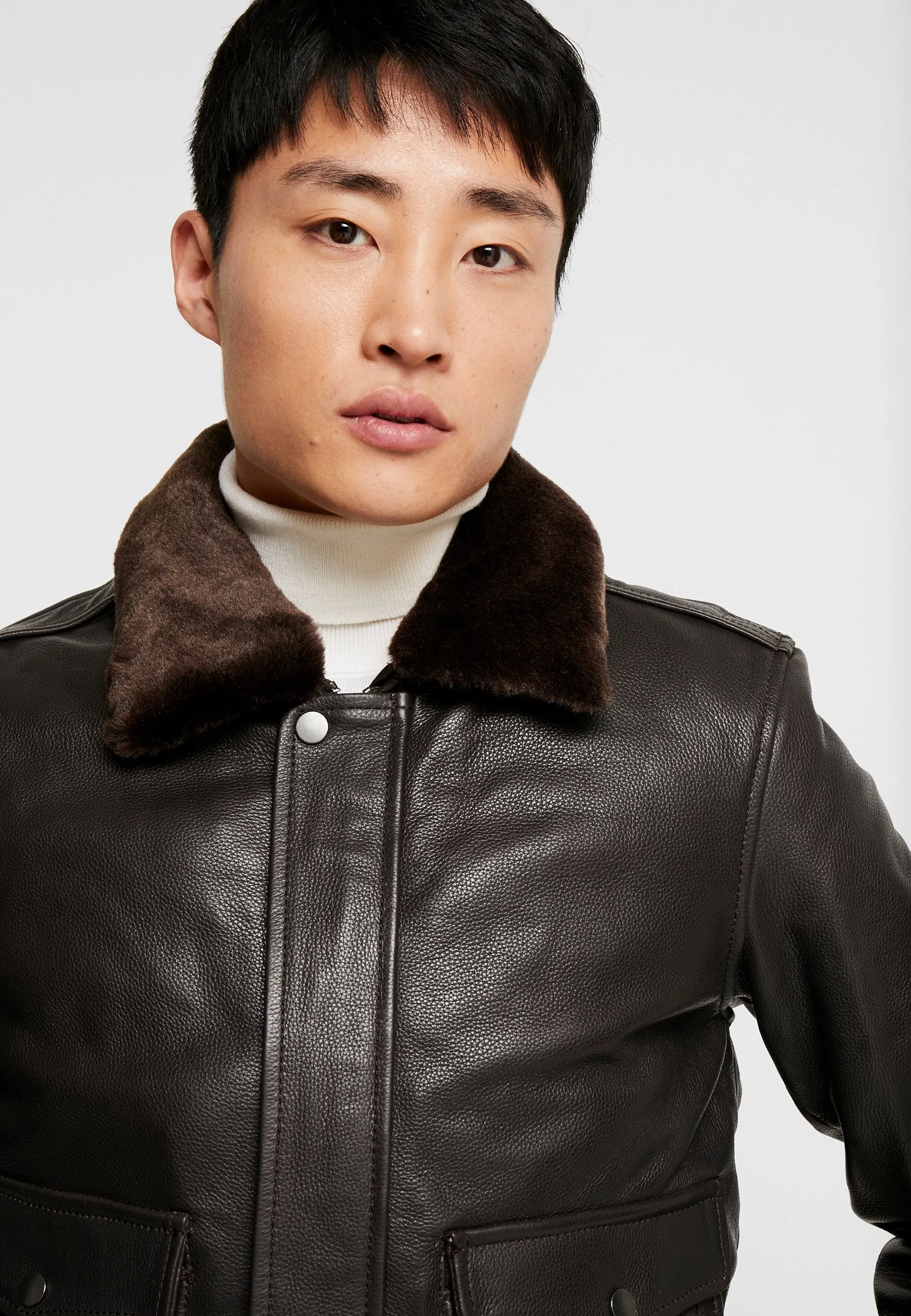 Men's Dark Brown Leather Fur Collar Bomber Jacket