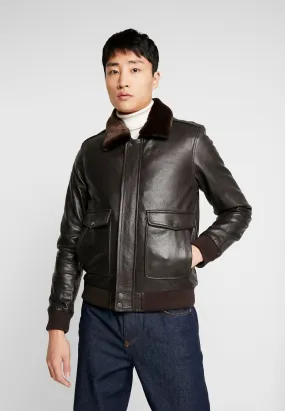 Men's Dark Brown Leather Fur Collar Bomber Jacket