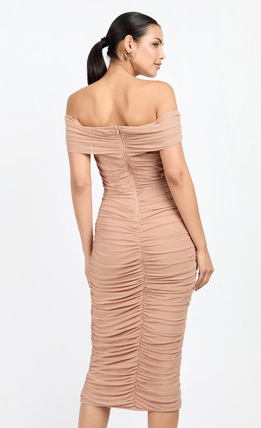 Mink Mesh Ruched Bardot Midi Dress by Chloe Lewis