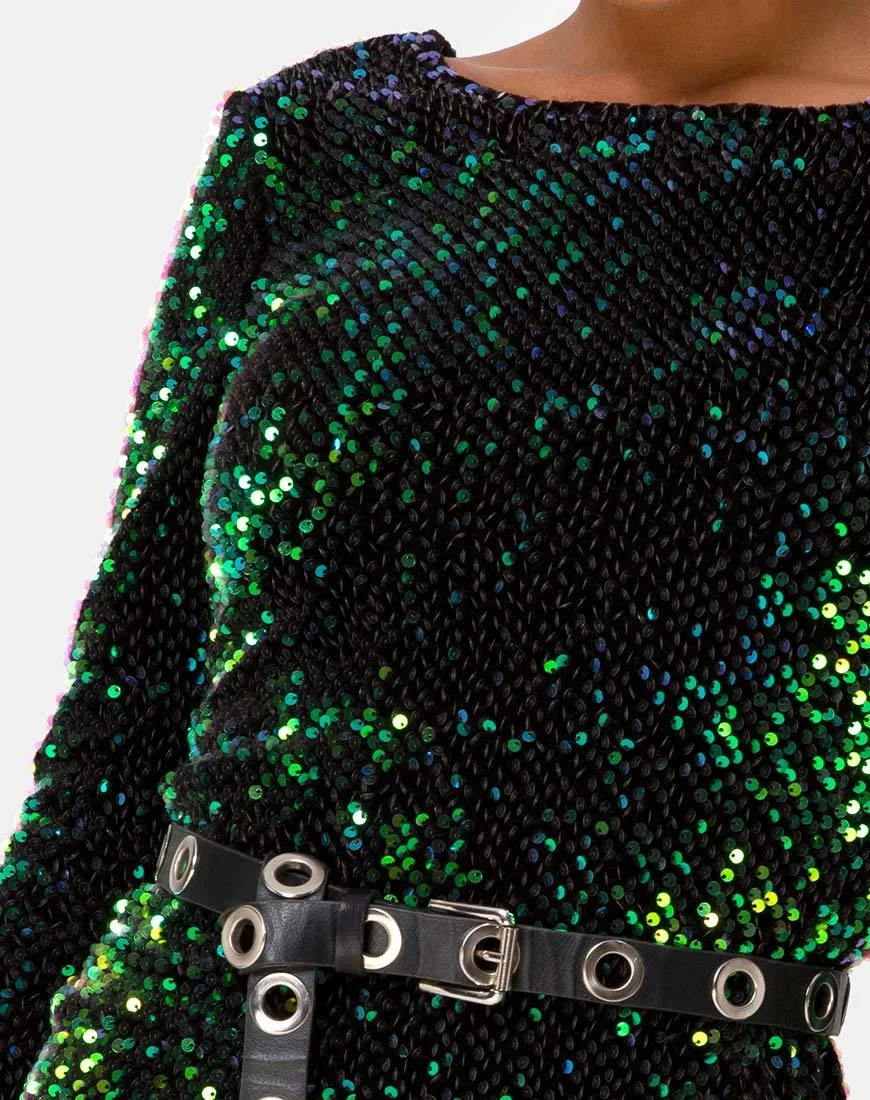 MOTEL DELUXE Gabby Sequin Plunge Back Dress in Iridescent Green