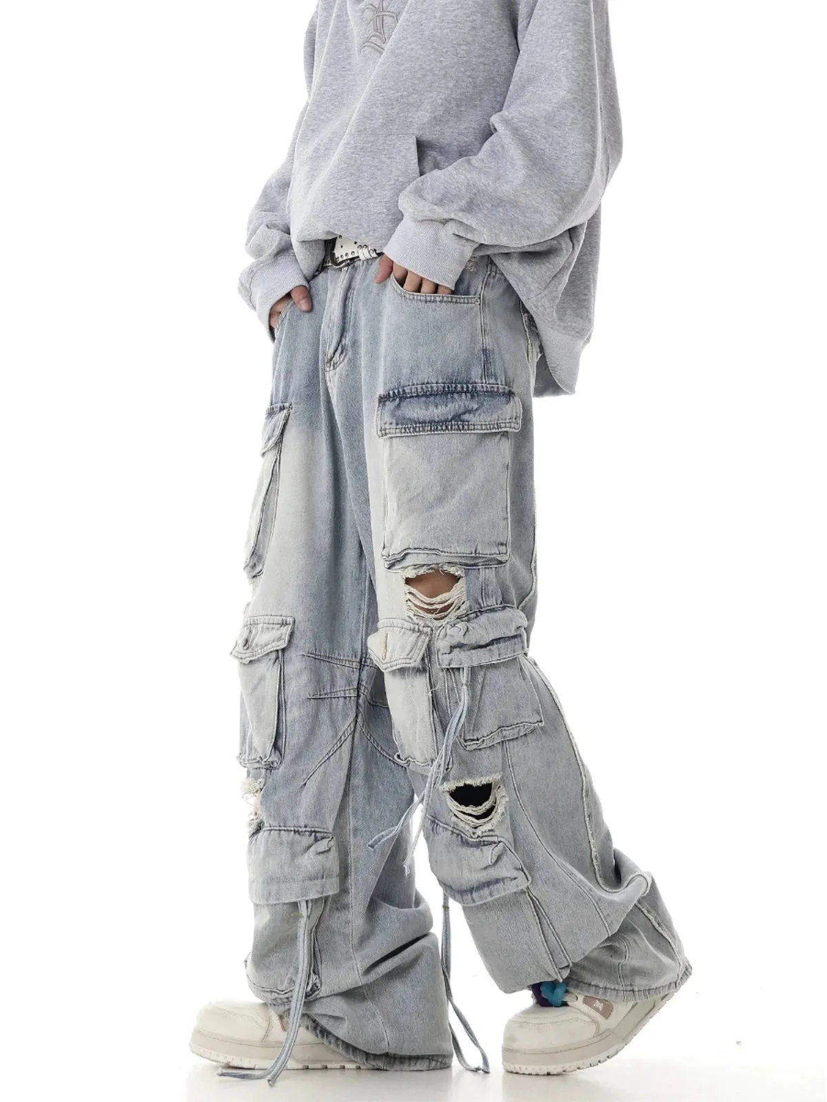 Multi Pocket Distressed Ripped Baggy Jeans for Men