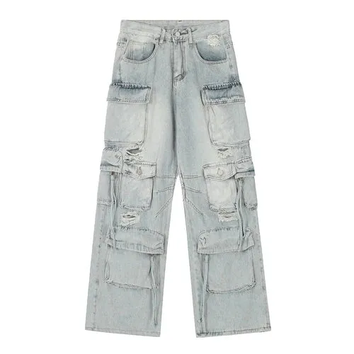 Multi Pocket Distressed Ripped Baggy Jeans for Men