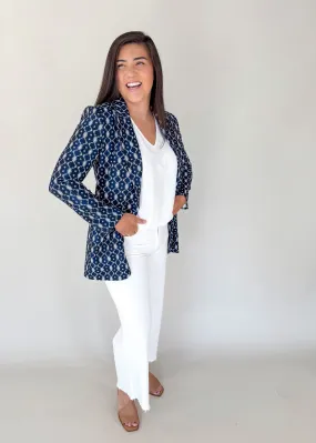 Navy Batik Button Front Boyfriend Blazer