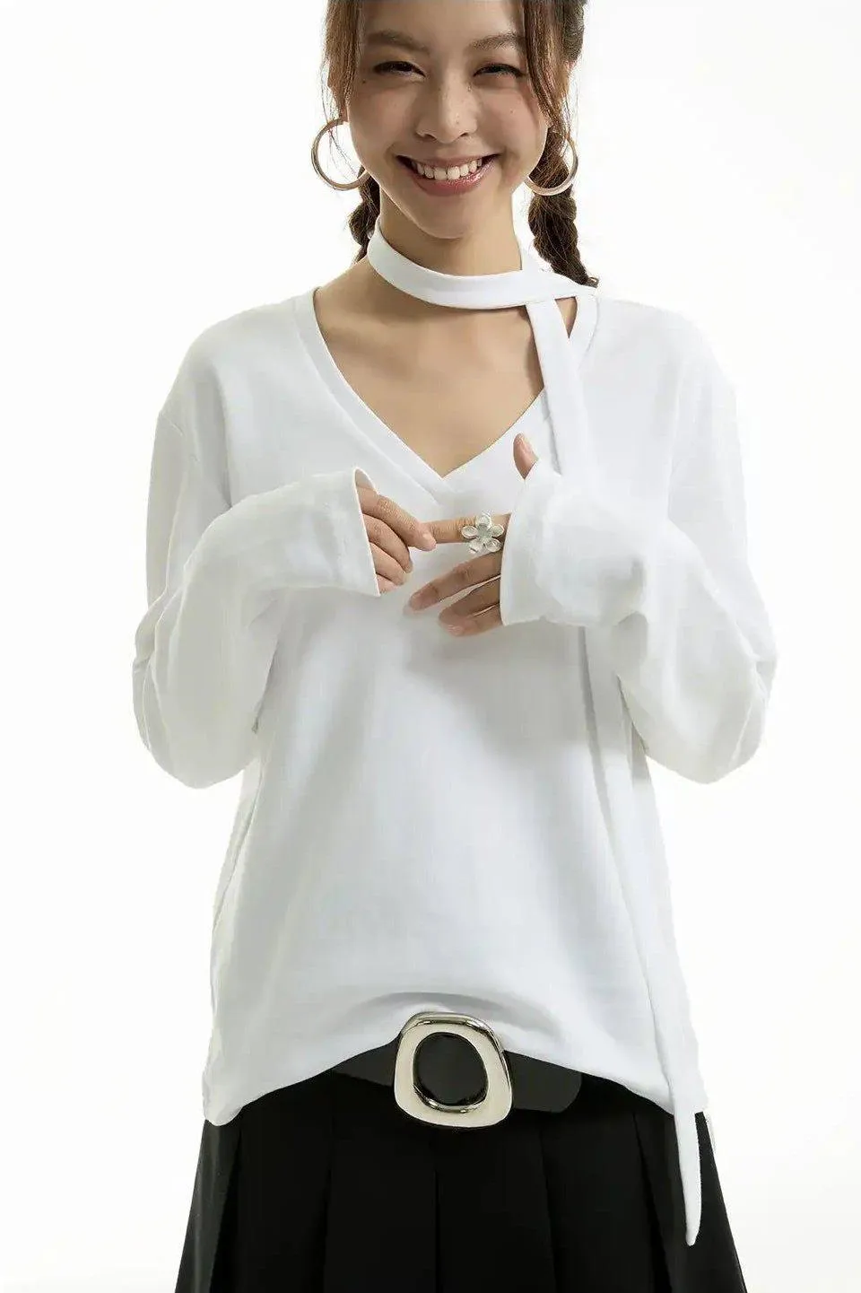 Neck Strap and V-Neck Long Sleeve T-Shirt