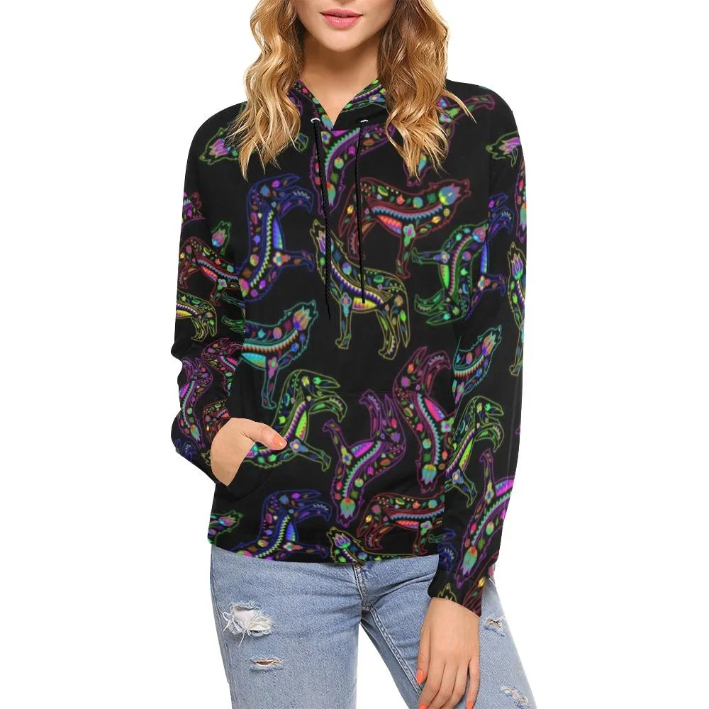 Neon Floral Wolves Hoodie for Women (USA Size)