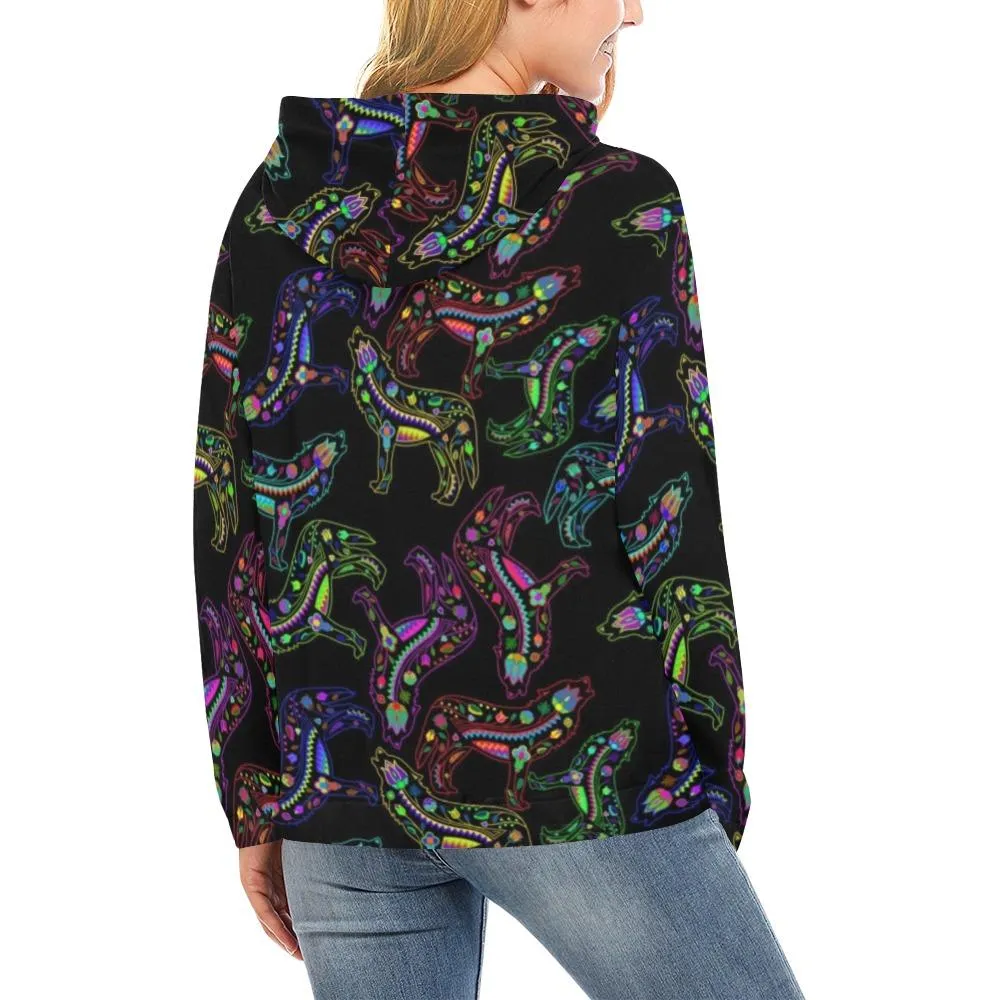 Neon Floral Wolves Hoodie for Women (USA Size)