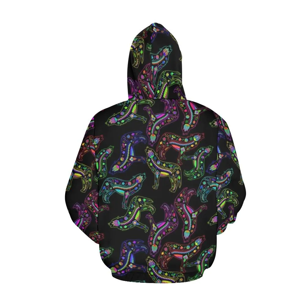 Neon Floral Wolves Hoodie for Women (USA Size)