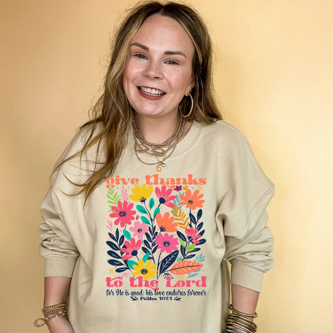 Online Exclusive | Psalm 107:1 Wildflower Wonder Graphic Sweatshirt in Multiple Color Options