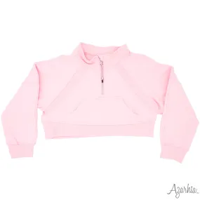 Oversized Cropped 1/4 Zip Sweatshirt in Light Pink