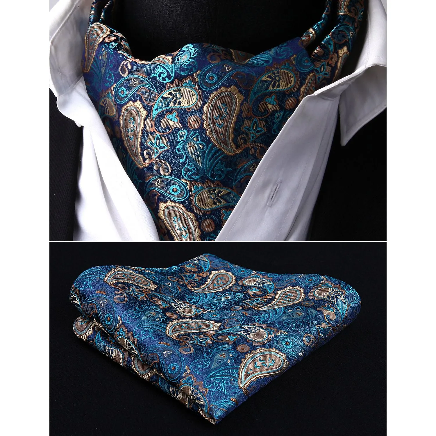 Paisley Floral Ascot Handkerchief Set - A-AQUA/BROWN