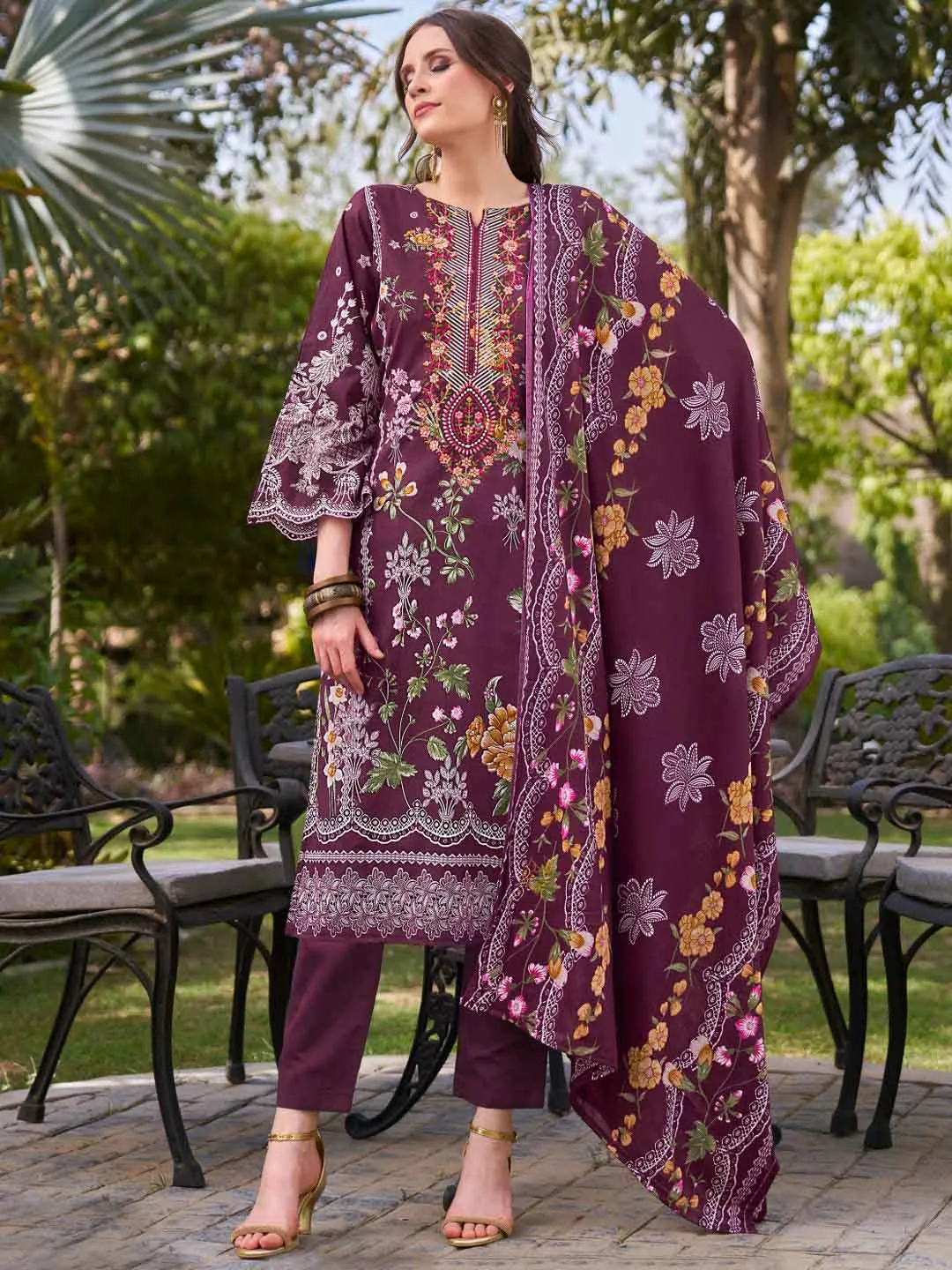 Pakistani Print Unstitched Cotton Suit Material with Embroidery