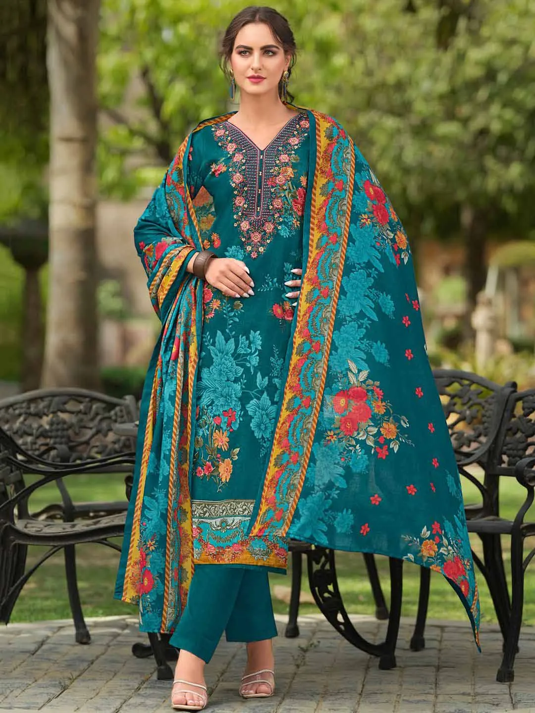 Pakistani Print Unstitched Cotton Suit Set with Embroidery