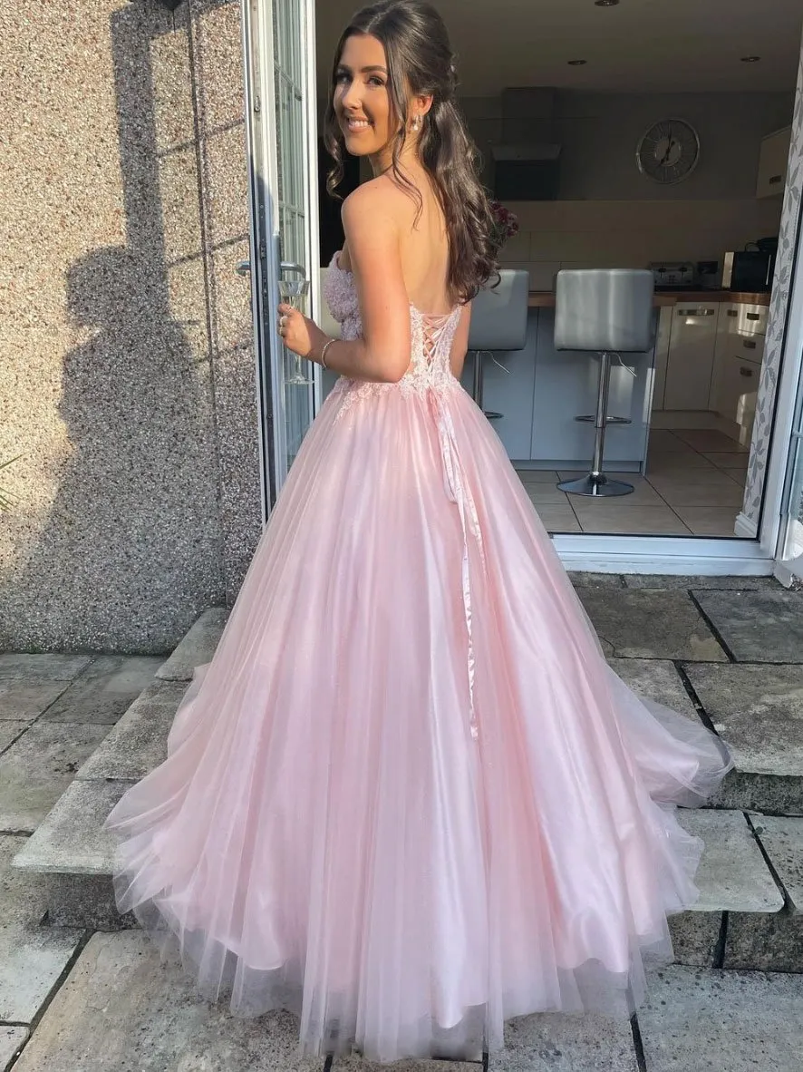 Pink sweetheart tulle lace long prom dress, pink tulle lace evening dress