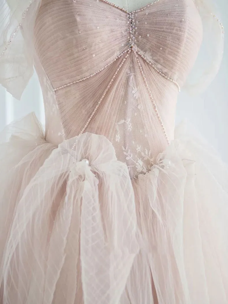 Pink sweetheart tulle long prom dress, pink tulle formal dress