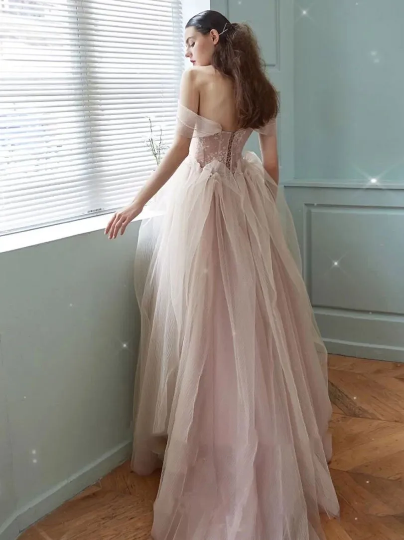 Pink sweetheart tulle long prom dress, pink tulle formal dress