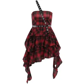 Plaid Irregular Tube Top Dress Halloween Outfits Punk Gothic Clothes Women Rivet Gingham Mini Dress Grunge P80-DA27