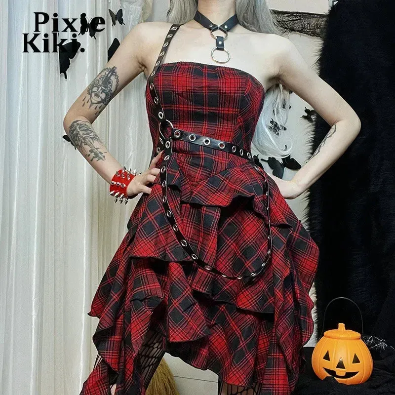 Plaid Irregular Tube Top Dress Halloween Outfits Punk Gothic Clothes Women Rivet Gingham Mini Dress Grunge P80-DA27