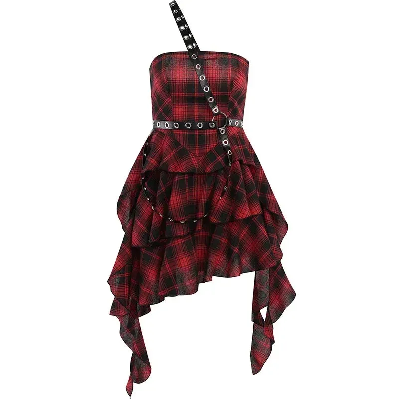 Plaid Irregular Tube Top Dress Halloween Outfits Punk Gothic Clothes Women Rivet Gingham Mini Dress Grunge P80-DA27