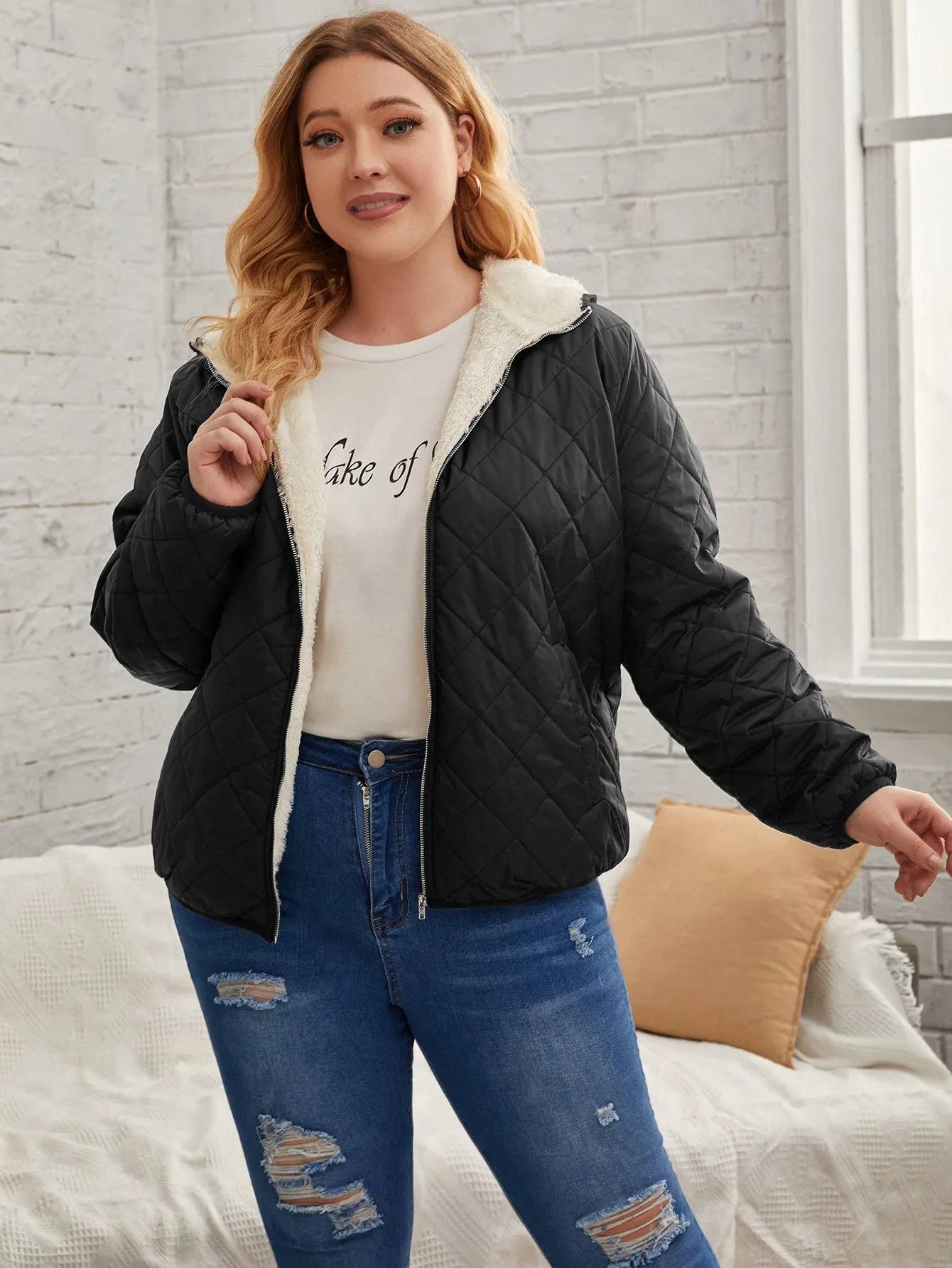 Plain Zipper Long Sleeve Hooded Regular Plus Size Coat