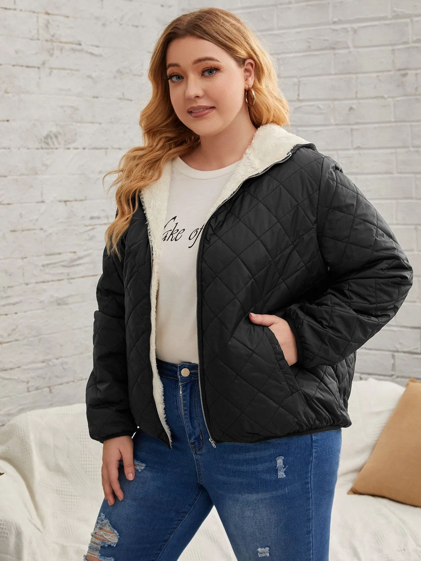 Plain Zipper Long Sleeve Hooded Regular Plus Size Coat