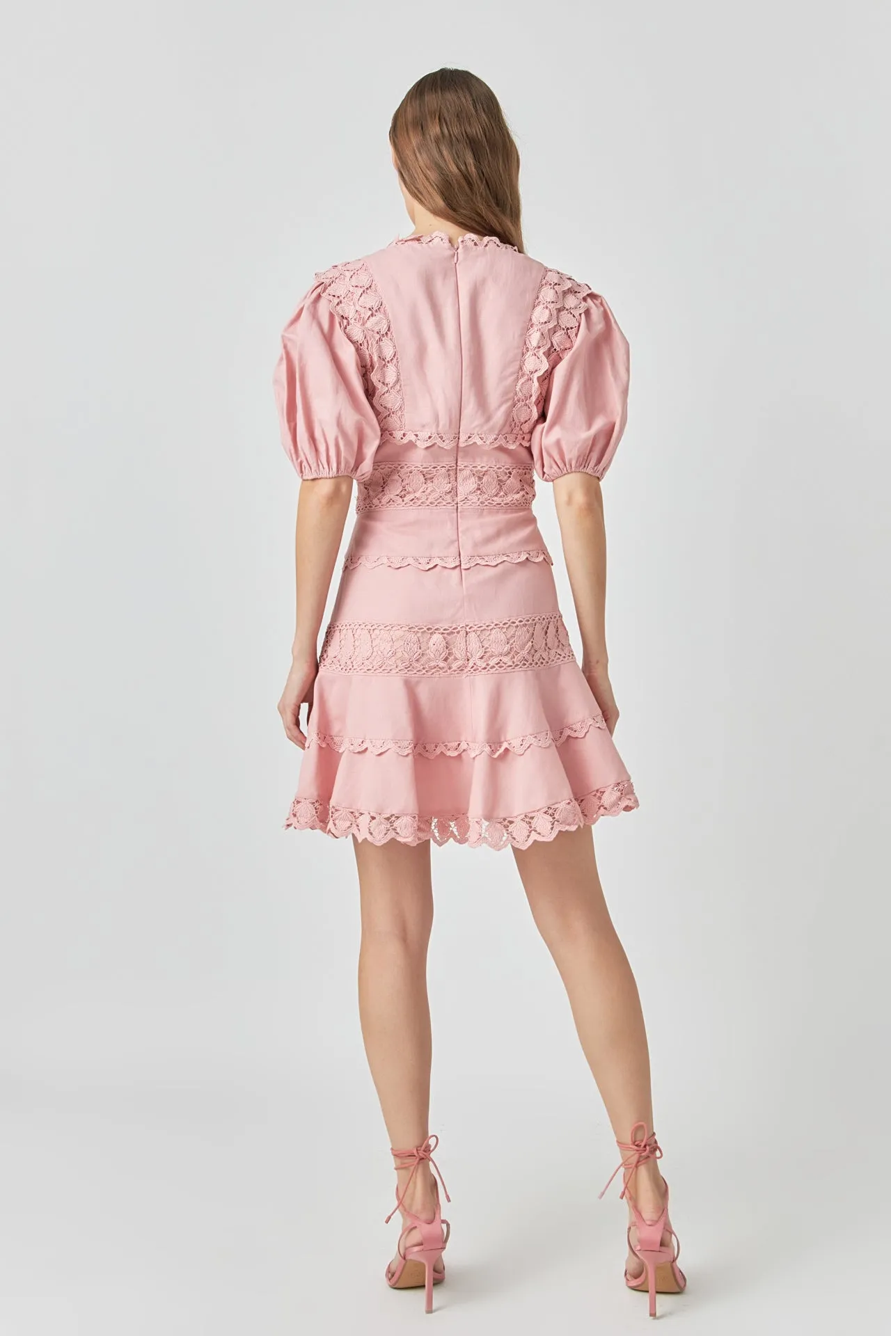 Plunging Lace Trim Dress with Puff Sleeve