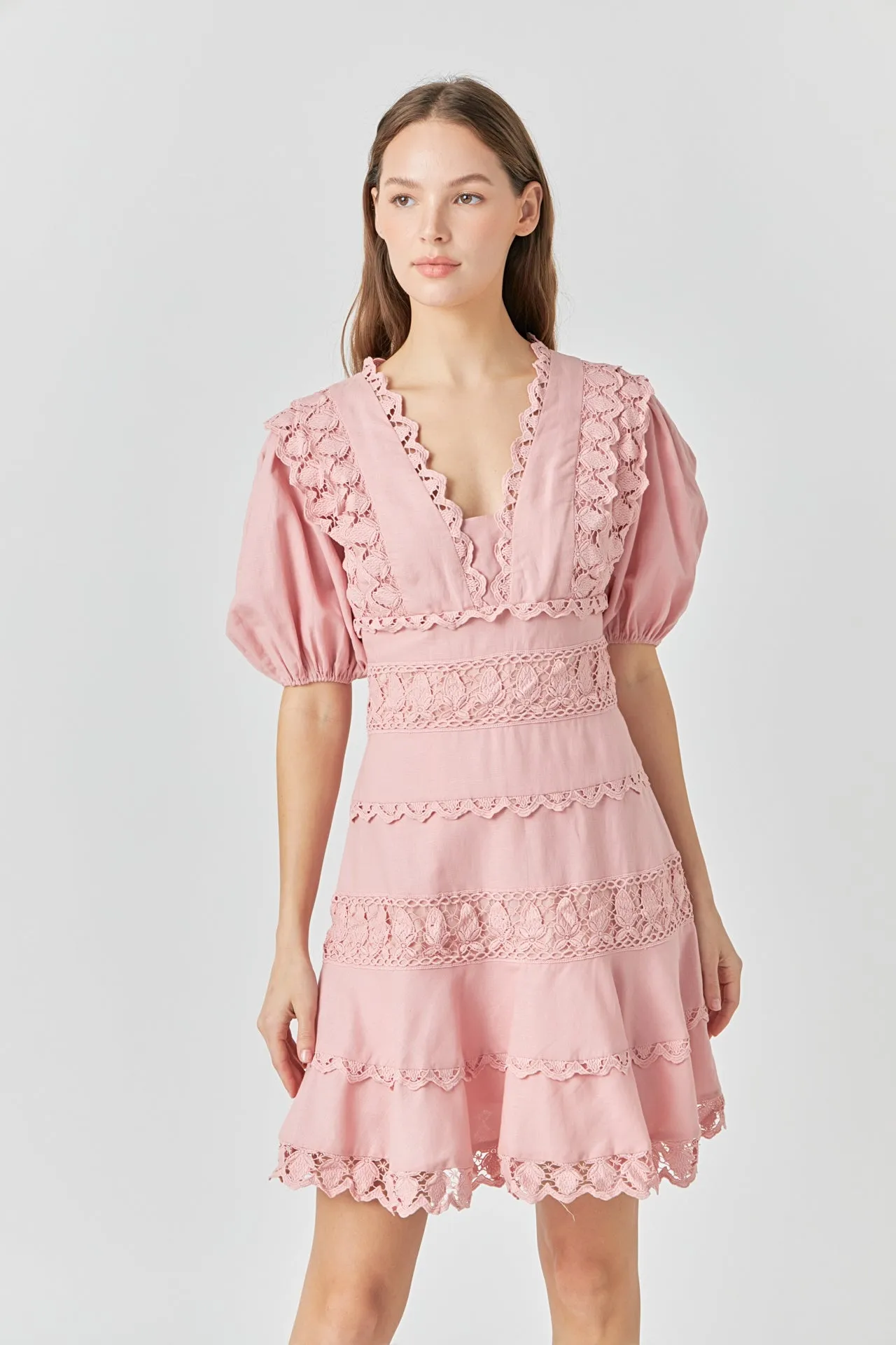 Plunging Lace Trim Dress with Puff Sleeve