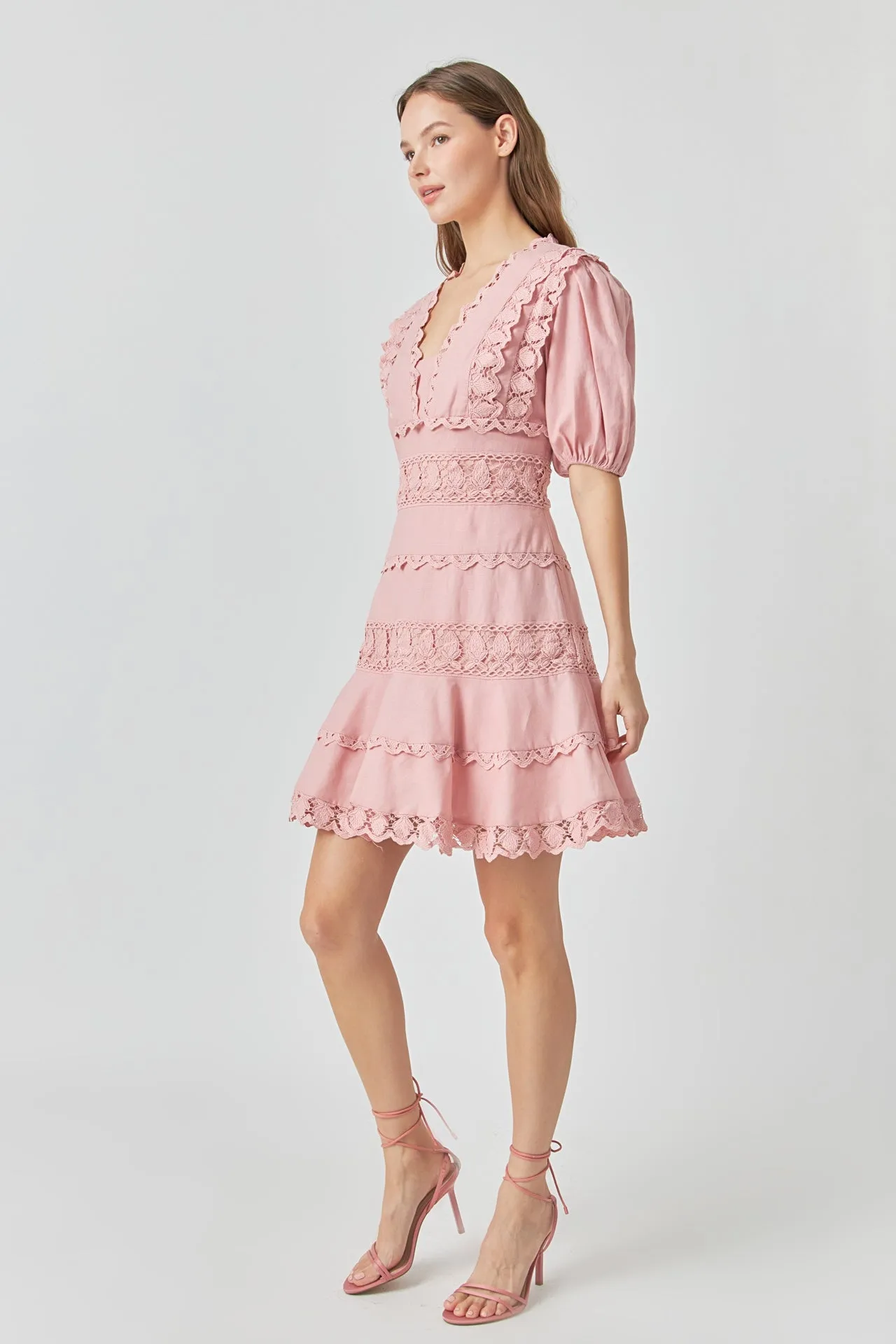 Plunging Lace Trim Dress with Puff Sleeve