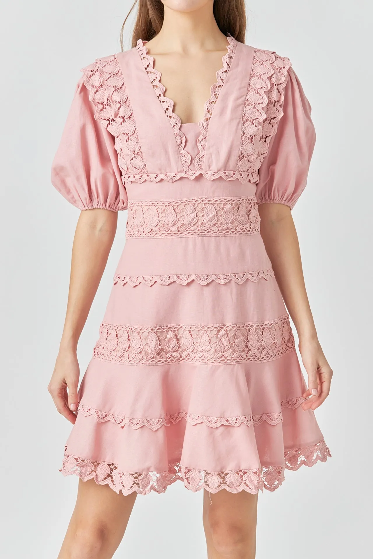 Plunging Lace Trim Dress with Puff Sleeve