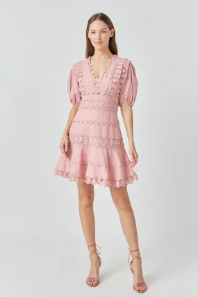 Plunging Lace Trim Dress with Puff Sleeve