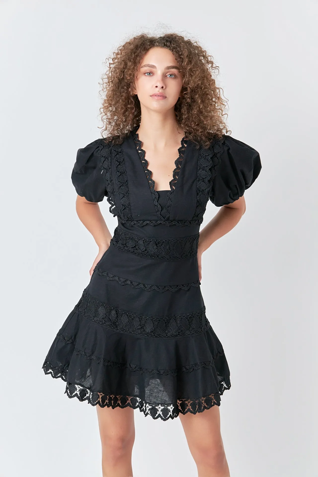 Plunging Lace Trim Dress with Puff Sleeve